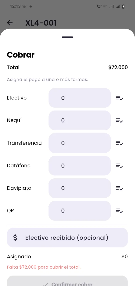 Pantalla de cobro con medios de pago: efectivo, Nequi, Daviplata, datáfono, QR